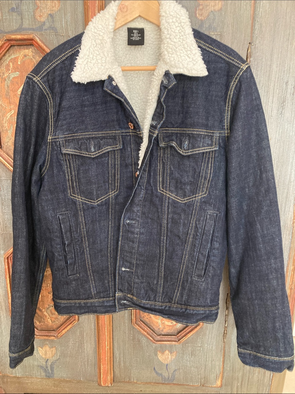 H&M Dark Navy Denim Jacket with White Sherpa Collar